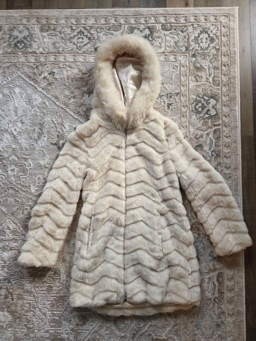 DKNY Cream Faux Fur Hooded Chevron Coat
